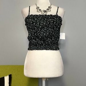 Abound Black Blue Floral Square Neck Smocked Crop Tank Top NEW XS
